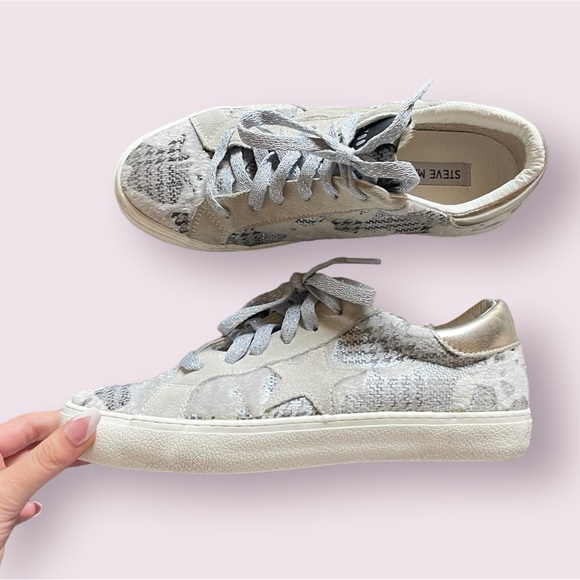 Steve Madden Philosophy Women Sneakers 8 M Houndstooth Calf Hair Silver - Picture 1 of 9